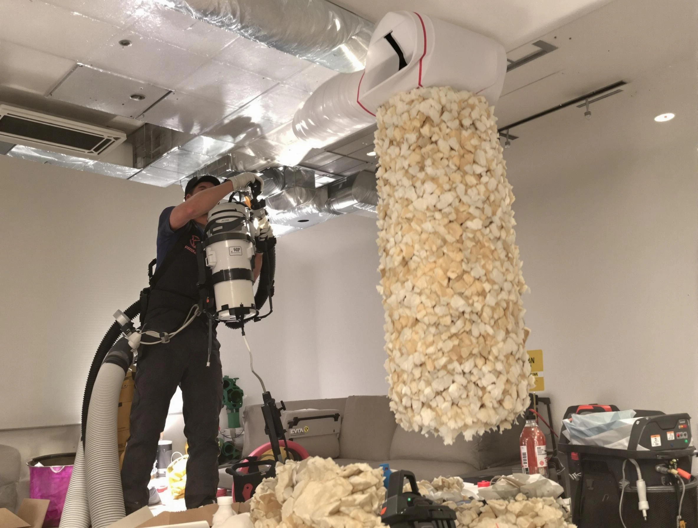 Lindon Air Duct Cleaning technician performing precision vacuum insulation removal in a residential property in Lindon